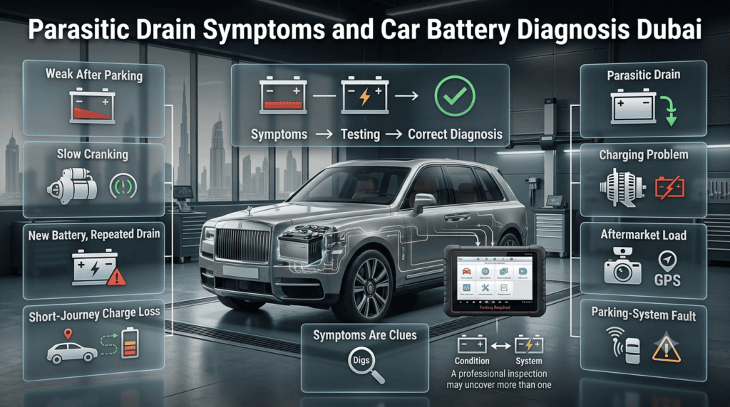 Automotive infographic comparing battery symptoms, parasitic drain, charging problems and parking-system faults after vehicle parking.