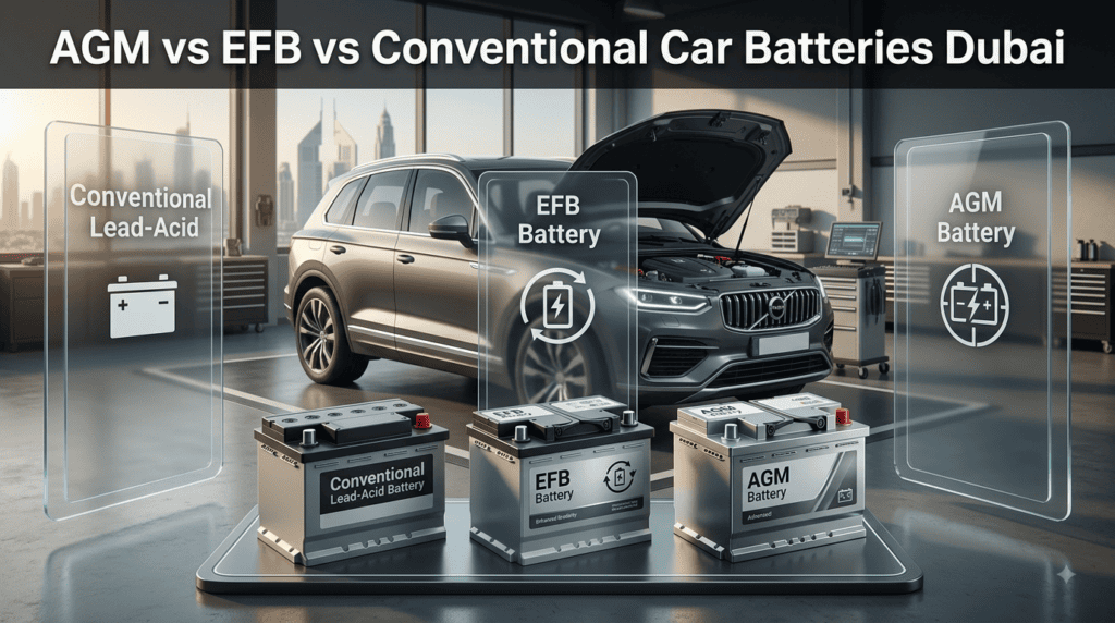 Comparison of AGM, EFB, and conventional car batteries showing different automotive battery technologies and applications in Dubai.