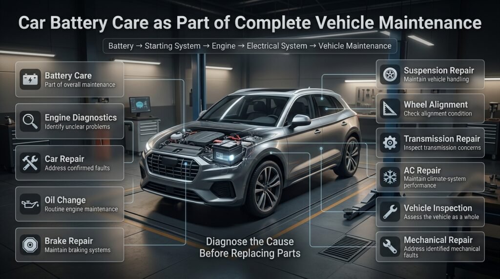 Car battery care as part of vehicle maintenance with diagnostics, engine, brakes, suspension, AC, transmission and inspection