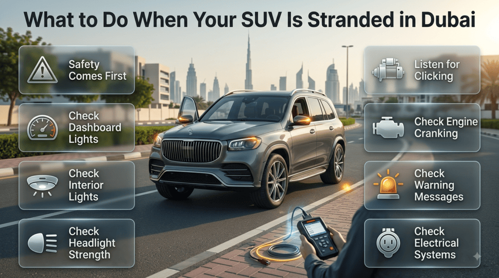 What to do when an SUV is stranded in Dubai, including safety checks, battery symptoms, dashboard warnings, and electrical diagnosis.