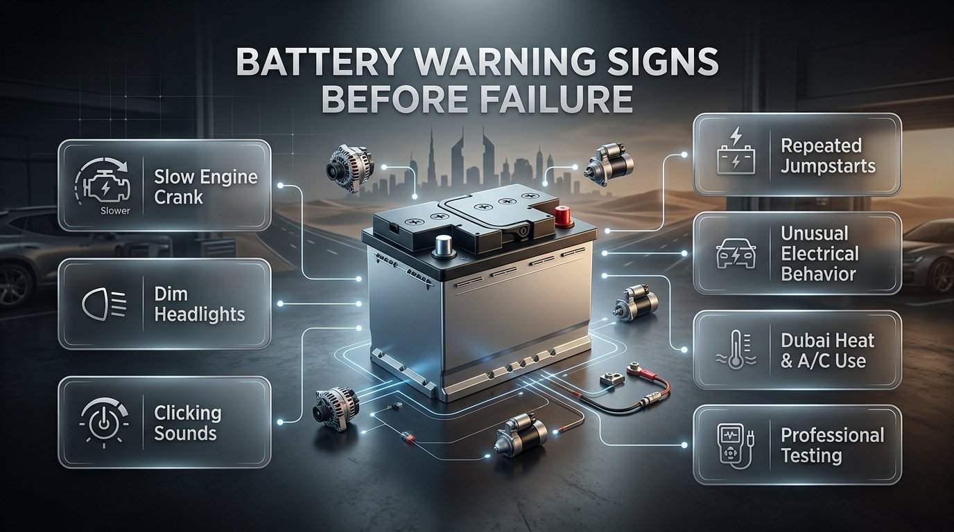 Car battery warning signs before failure including slow cranking, dim lights, clicking sounds, and electrical problems in Dubai. Battery Warning Signs Before Failure in Dubai