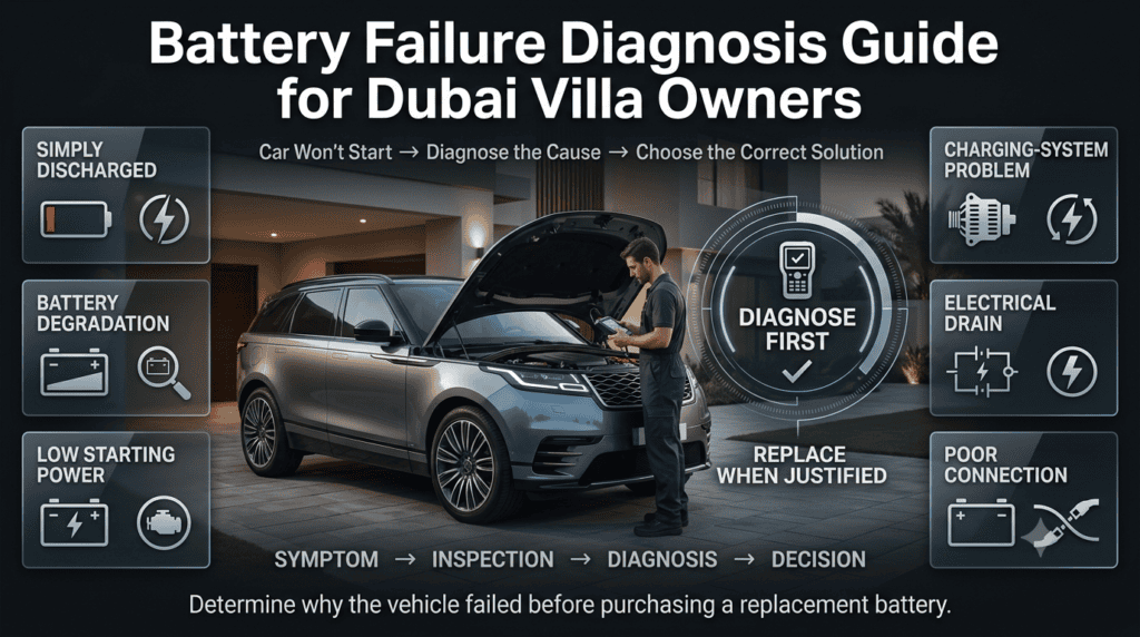 Battery failure diagnosis guide for Dubai villa owners showing battery testing, charging issues, electrical drain, and connection checks