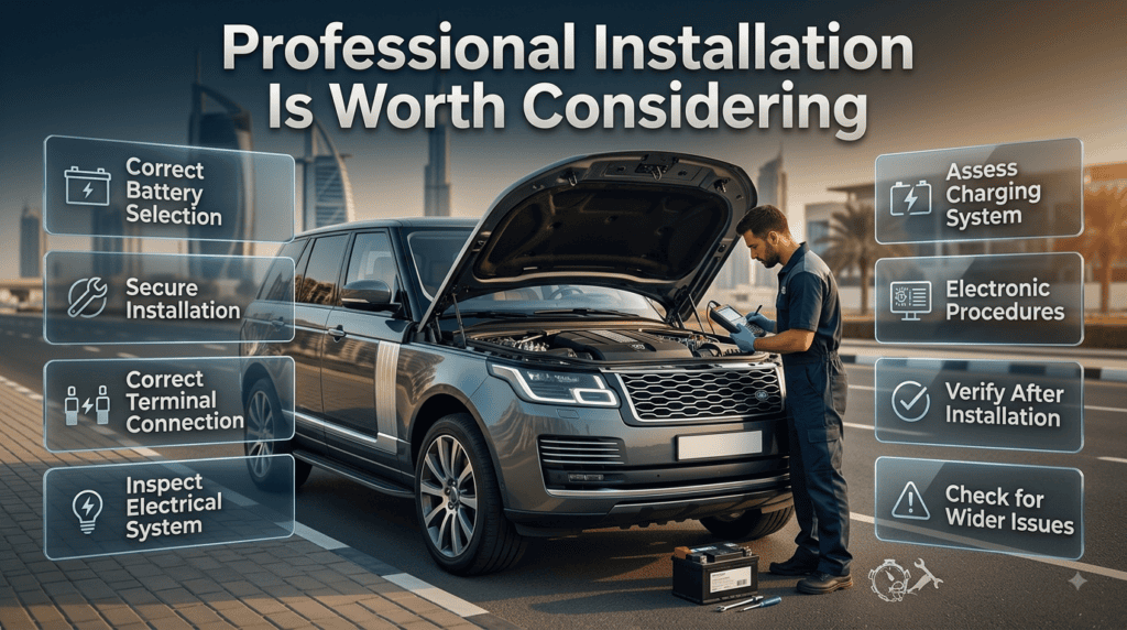 Professional SUV battery installation showing correct selection, secure connections, electrical inspection, charging assessment, and verification.