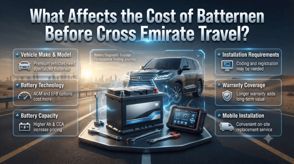 Infographic explaining car battery replacement cost factors including vehicle type, battery technology, capacity, warranty, and mobile installation.