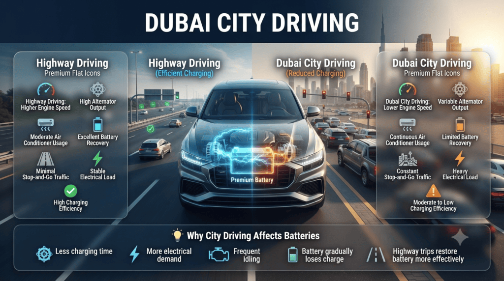Premium automotive infographic comparing Dubai city driving and highway driving, showing their effects on battery charging, alternator output, electrical load, and charging efficiency.