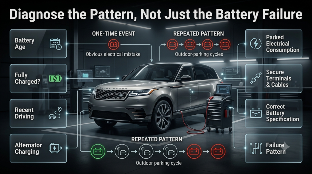Professional battery diagnosis considers battery age, charging, driving habits, parked electrical consumption, terminals, and battery specification.