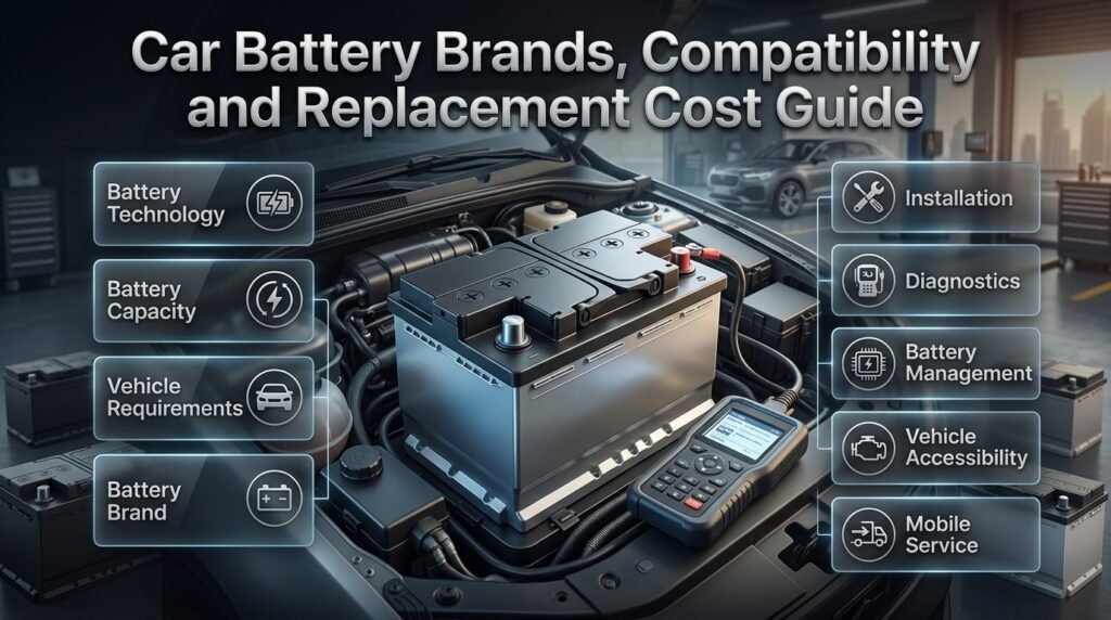 Car battery compatibility infographic showing battery specifications, technology, capacity, installation, diagnostics, and replacement cost factors.