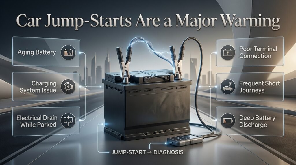 Car jump-start warning showing battery trouble, charging issues, poor terminals, short trips, and professional vehicle diagnosis.
