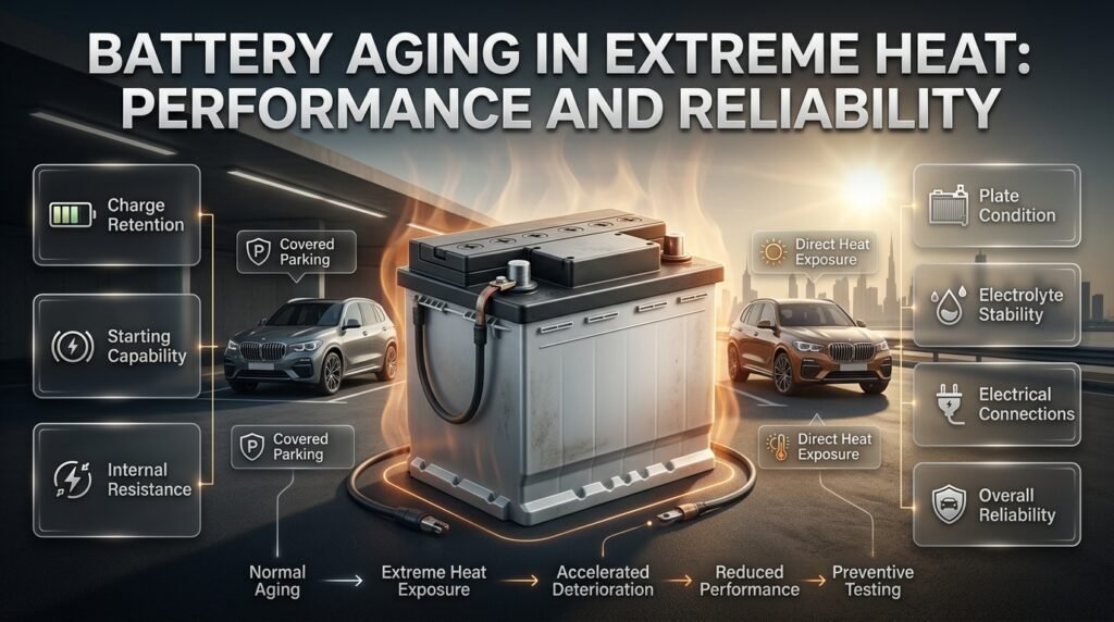 Car battery aging in extreme heat showing reduced charge retention, starting performance, electrolyte stability, and reliability