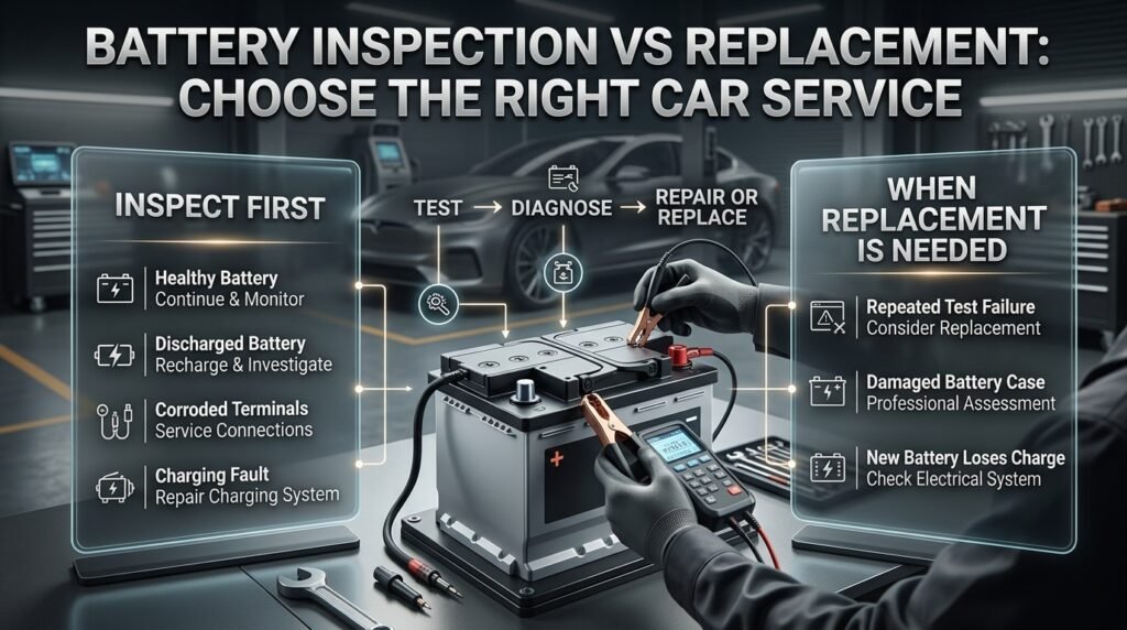 Battery inspection vs replacement infographic showing healthy, discharged, corroded and damaged battery conditions with repair guidance.