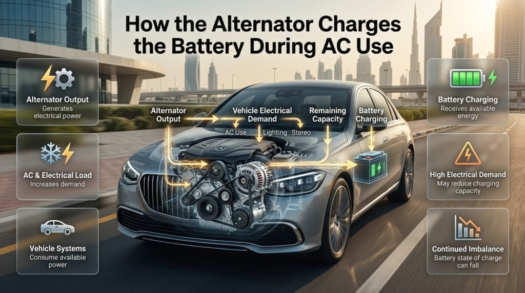 Automotive alternator charging a car battery while supporting electrical demand during heavy AC operation