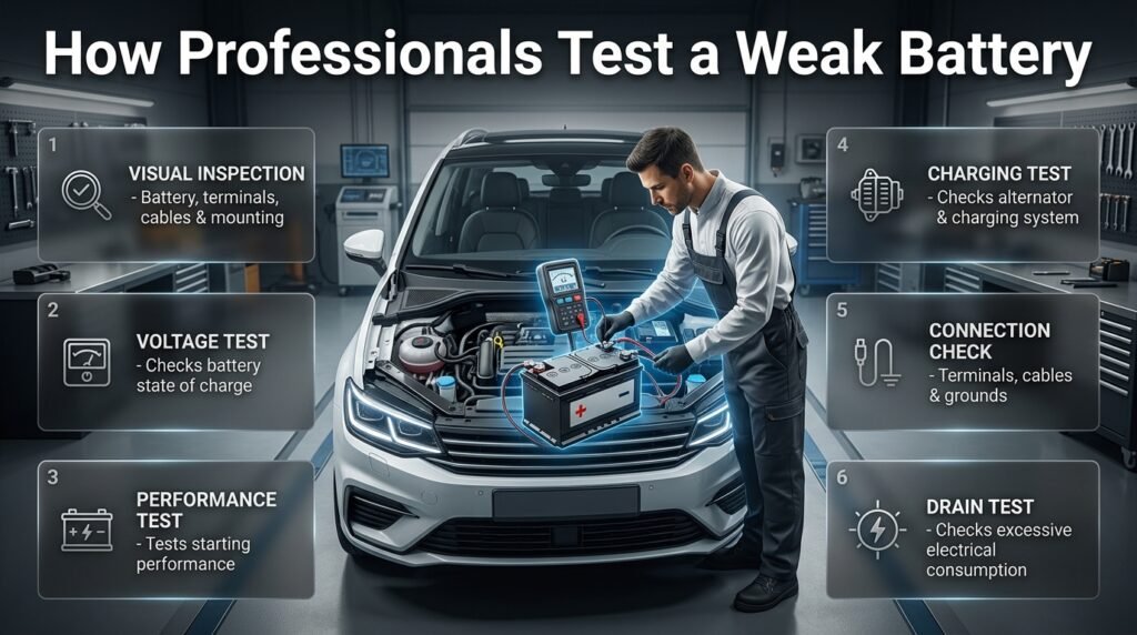 Professional battery testing showing visual inspection, voltage testing, performance testing, charging checks, and electrical drain diagnosis.