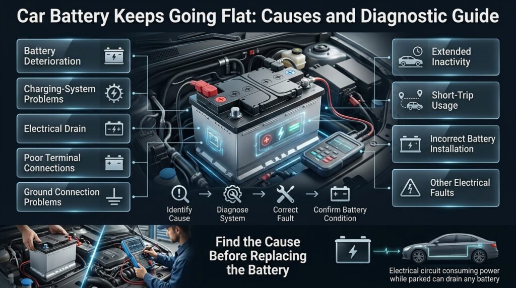 Car battery keeps going flat infographic showing electrical drain, charging faults, connections, inactivity, and diagnostic testing.