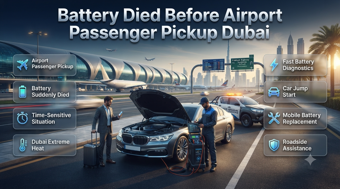 Professional roadside technician jump-starting a vehicle with a dead battery before an airport passenger pickup in Dubai, highlighting emergency battery replacement, roadside assistance, and fast mobile service. Battery Died Before Airport Passenger Pickup Dubai Guide