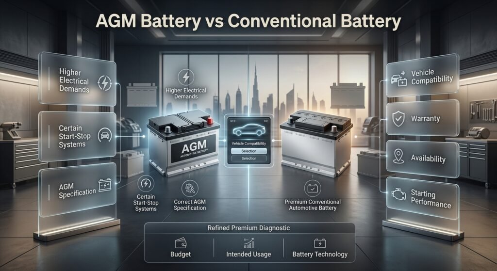 AGM battery vs conventional battery infographic showing compatibility, electrical demands, start-stop systems, and selection factors.