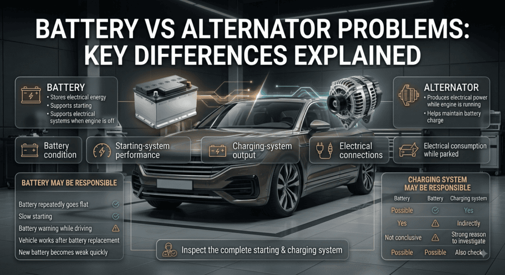Infographic comparing battery and alternator problems, symptoms, and professional vehicle inspection points for drivers