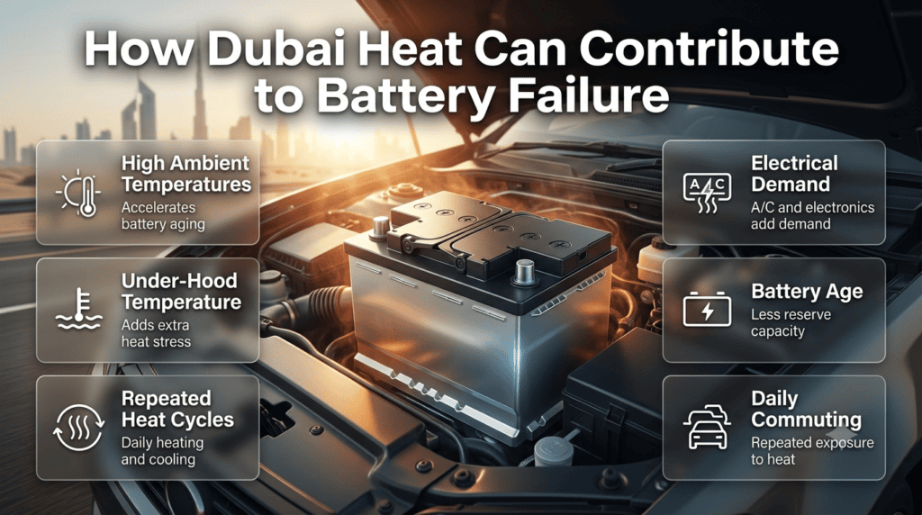 Dubai heat accelerating car battery aging, repeated heat cycles, and reduced battery reliability during daily commuting