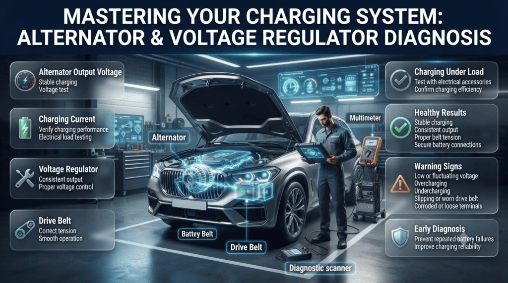 Premium automotive infographic showing charging system inspection, alternator testing, voltage regulator checks, drive belt inspection, and battery connection diagnostics.