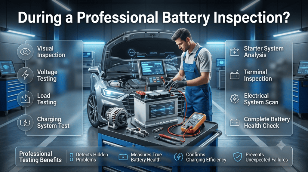 Technician performing a professional car battery inspection with voltage, load, charging system, starter, terminal, and electrical diagnostic testing.