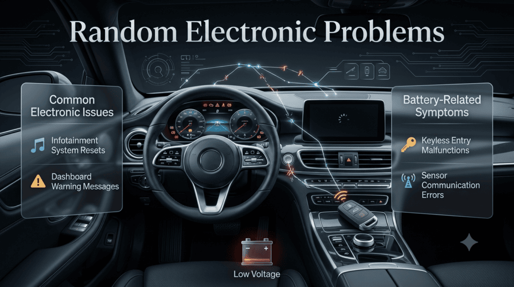 Infographic showing how a weak car battery can cause infotainment resets, dashboard warnings, keyless entry issues, and sensor communication errors.