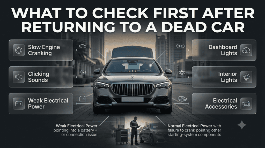 Dead car after parking outdoors with dashboard lights, clicking sounds, and slow cranking checked before roadside assistance.