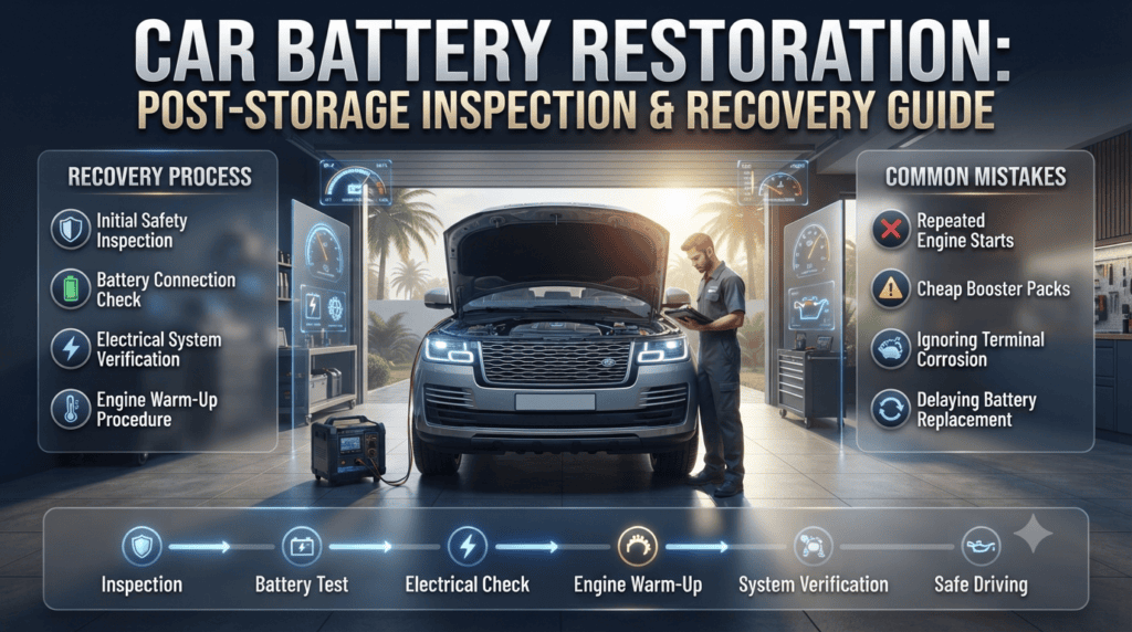 Premium infographic showing the correct vehicle recovery process after long-term storage, including safety inspection, electrical testing, engine warm-up, and common mistakes to avoid.