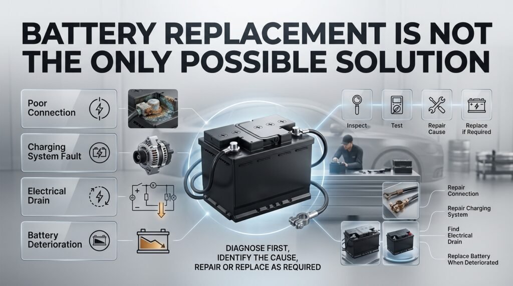 Car battery diagnosis showing corrosion, charging system faults, electrical drain, and repair options before battery replacement.