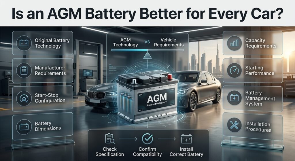 AGM battery compatibility guide showing why vehicle requirements matter more than choosing a premium battery for every car.