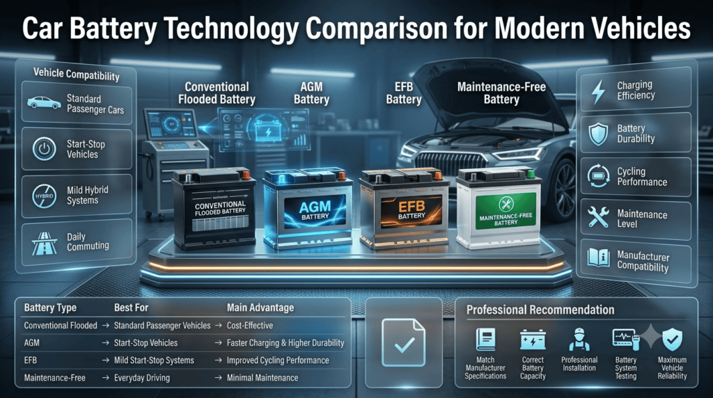 Infographic comparing conventional, AGM, EFB, and maintenance-free car batteries, highlighting their ideal applications, advantages, and compatibility with modern vehicles.