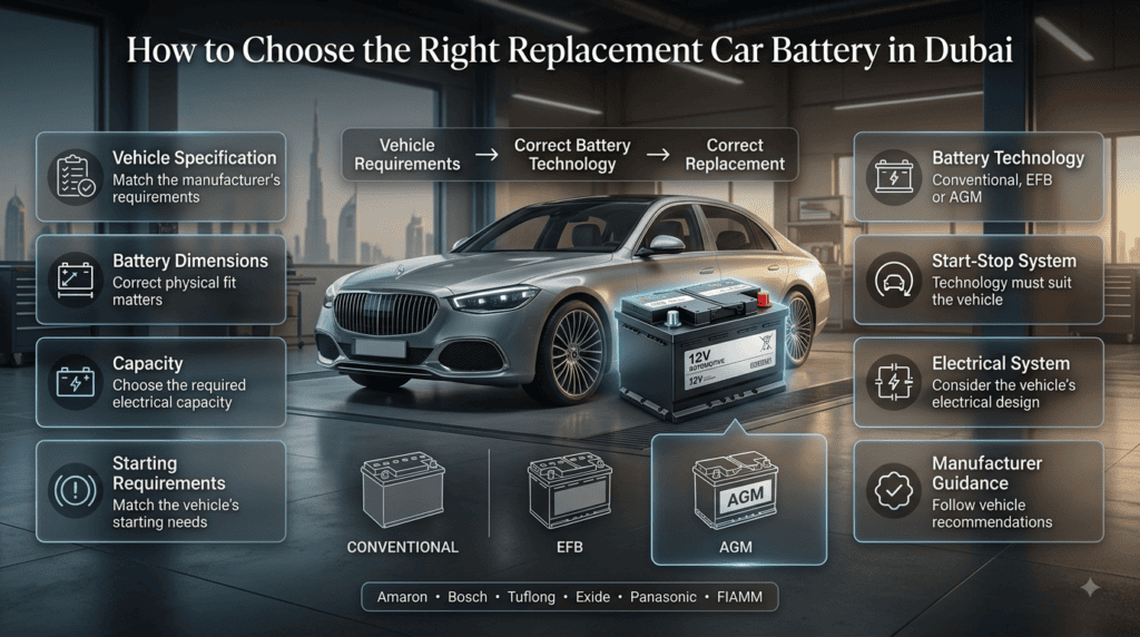 Choosing the right replacement car battery in Dubai based on size, capacity, technology, starting needs, and vehicle specifications.