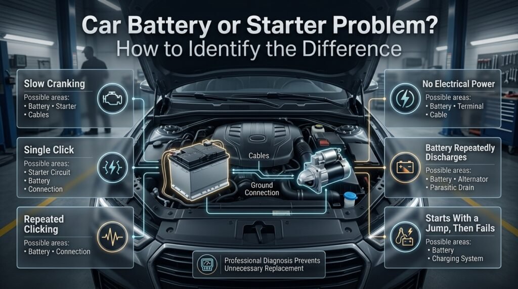 Car battery or starter problem symptoms including slow cranking, clicking, no power, repeated discharge, and jump-start failure