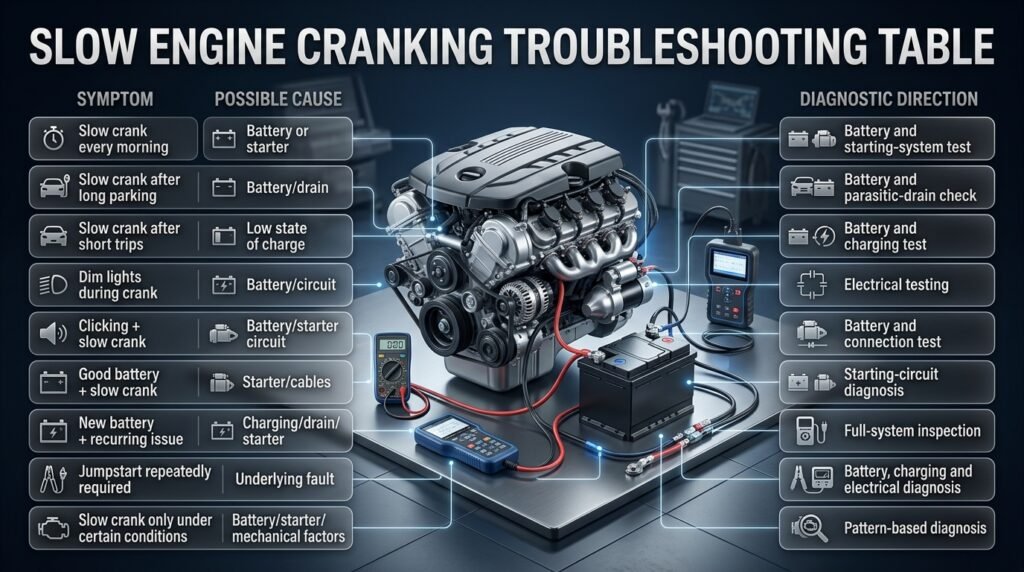 Slow engine cranking troubleshooting infographic comparing symptoms, possible causes, and diagnostic directions for starting problems