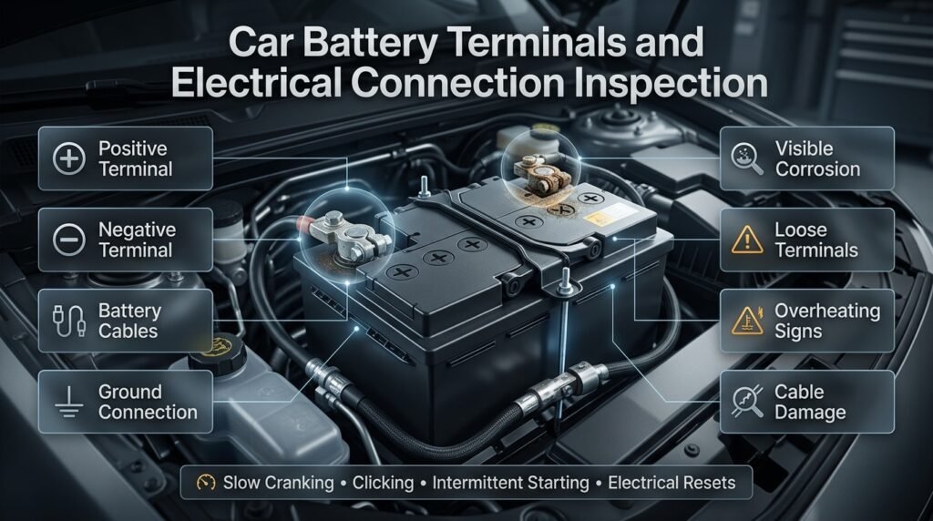 Car battery terminal inspection showing cables, corrosion, ground connections, and loose terminal warning signs