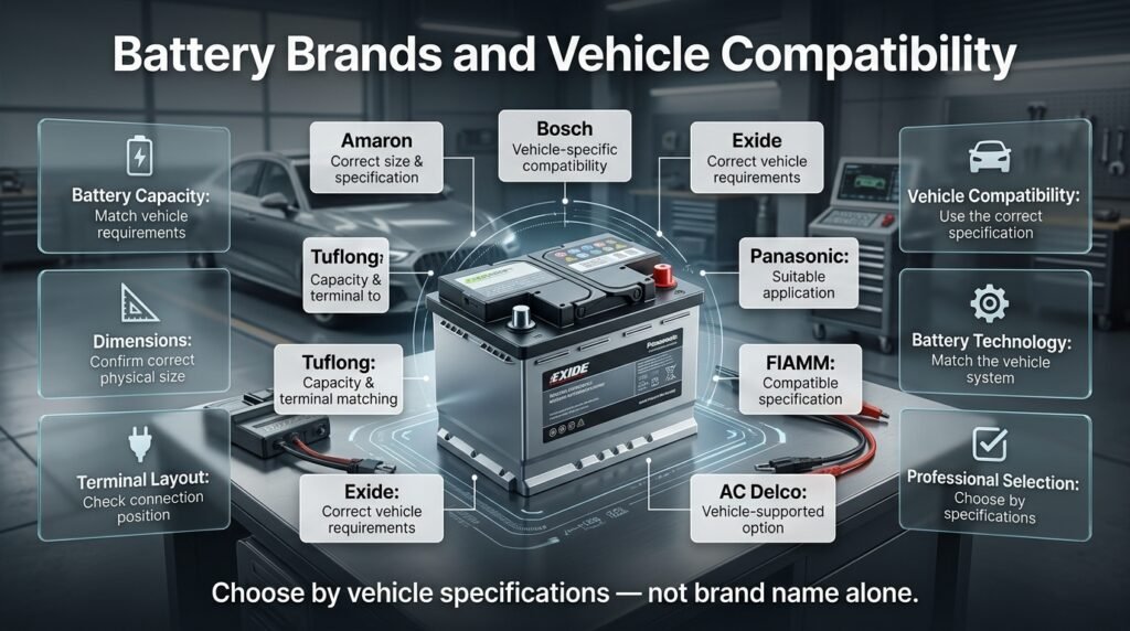 Car battery brands and vehicle compatibility guide showing Amaron, Bosch, Tuflong, Exide, Panasonic, FIAMM, and AC Delco options.