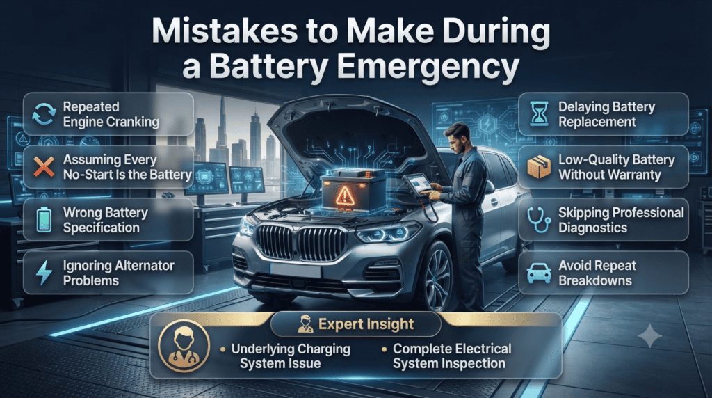 Infographic showing common battery emergency mistakes, including repeated engine cranking, incorrect battery installation, skipping diagnostics, ignoring alternator issues, and buying low-quality batteries.
