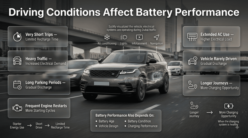 Driving conditions affect battery performance through short trips, heavy traffic, long parking, frequent restarts, and extended AC use.