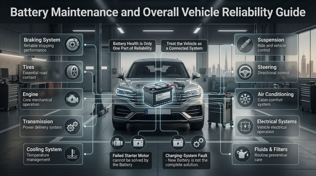 Vehicle reliability infographic showing battery, brakes, tires, engine, transmission, cooling, suspension and electrical systems