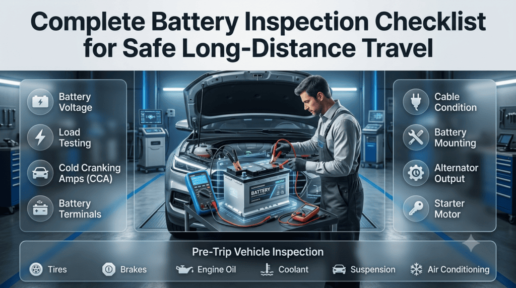 Technician performing a complete car battery inspection, including voltage, load testing, CCA, terminals, alternator, starter motor, and pre-trip vehicle safety checks.