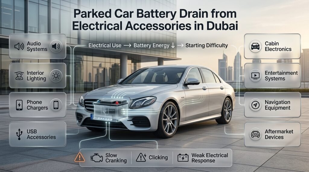 Parked car battery drain in Dubai from audio, lights, chargers, USB devices, and other electrical accessories