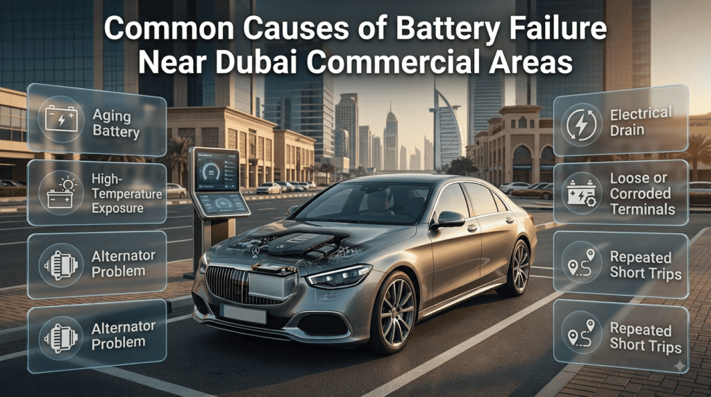 Common car battery failure causes in Dubai including heat, aging, alternator problems, electrical drain, terminals, and short trips.
