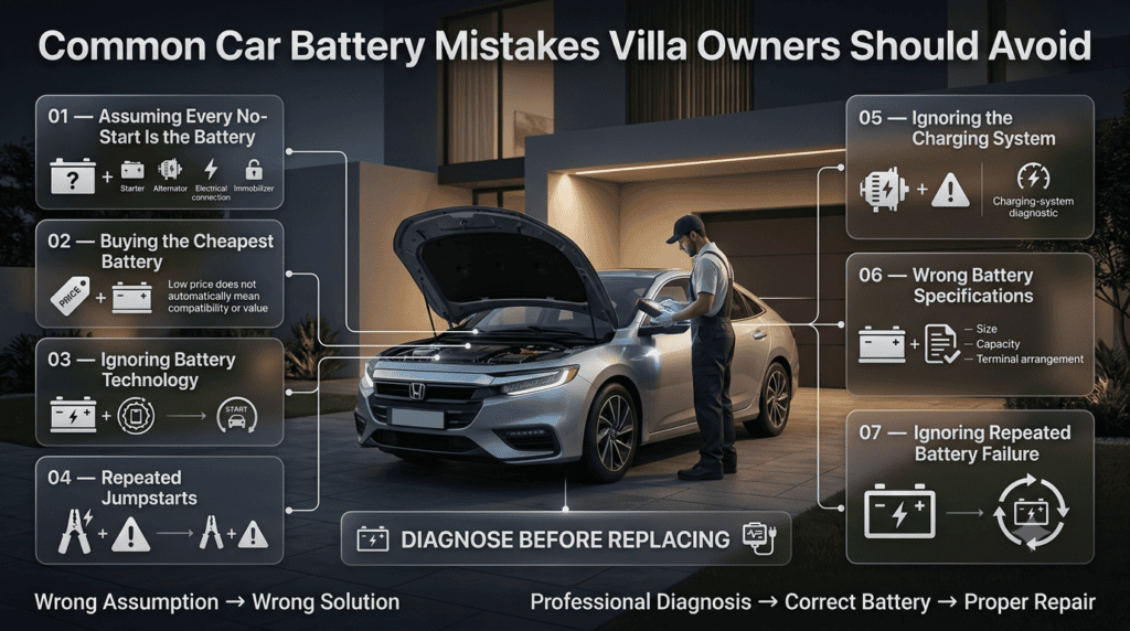 Common car battery mistakes at villa parking including wrong battery choice, repeated jumpstarts, and charging faults.