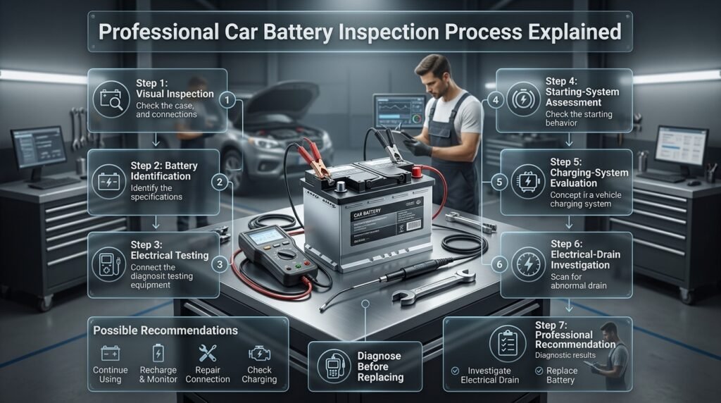 Professional car battery inspection showing visual checks, electrical testing, starting system, charging system, and drain diagnosis