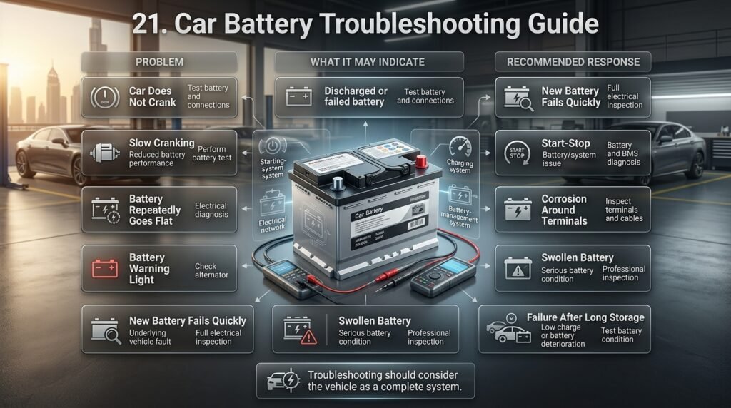 Car battery troubleshooting infographic showing common symptoms, possible causes, and recommended diagnostic responses for vehicle battery problems.