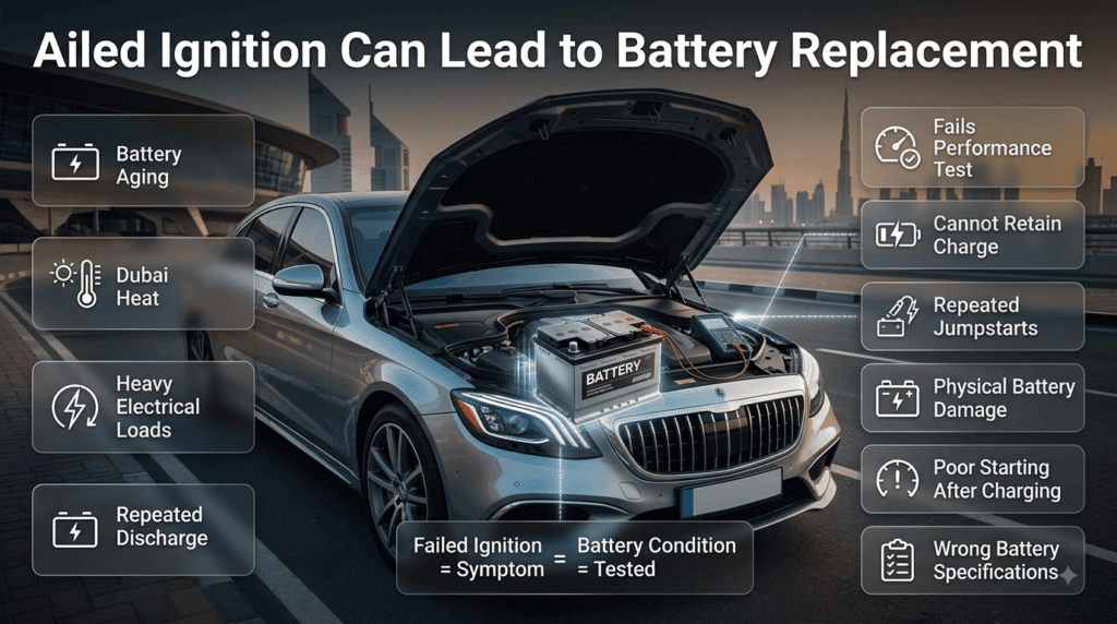 Ailed ignition and battery replacement explained with battery aging, Dubai heat, repeated discharge, and professional battery testing.