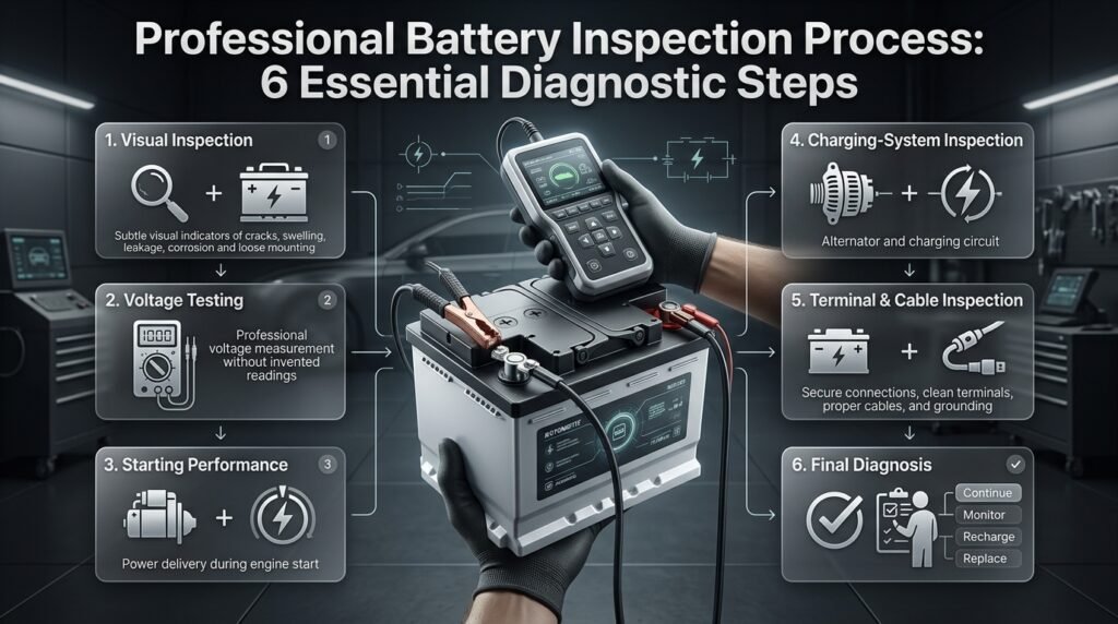 Professional battery inspection showing visual checks, voltage testing, starting performance, charging system, cables and final diagnosis.