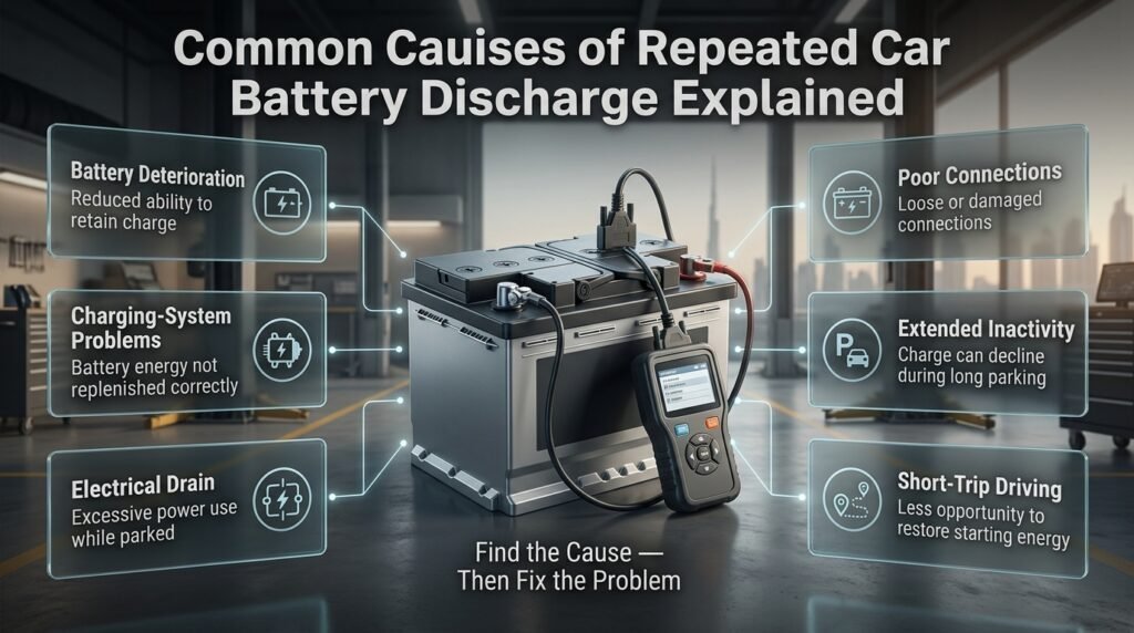 Car battery discharge causes infographic showing deterioration, charging faults, electrical drain, poor connections, inactivity and short trips