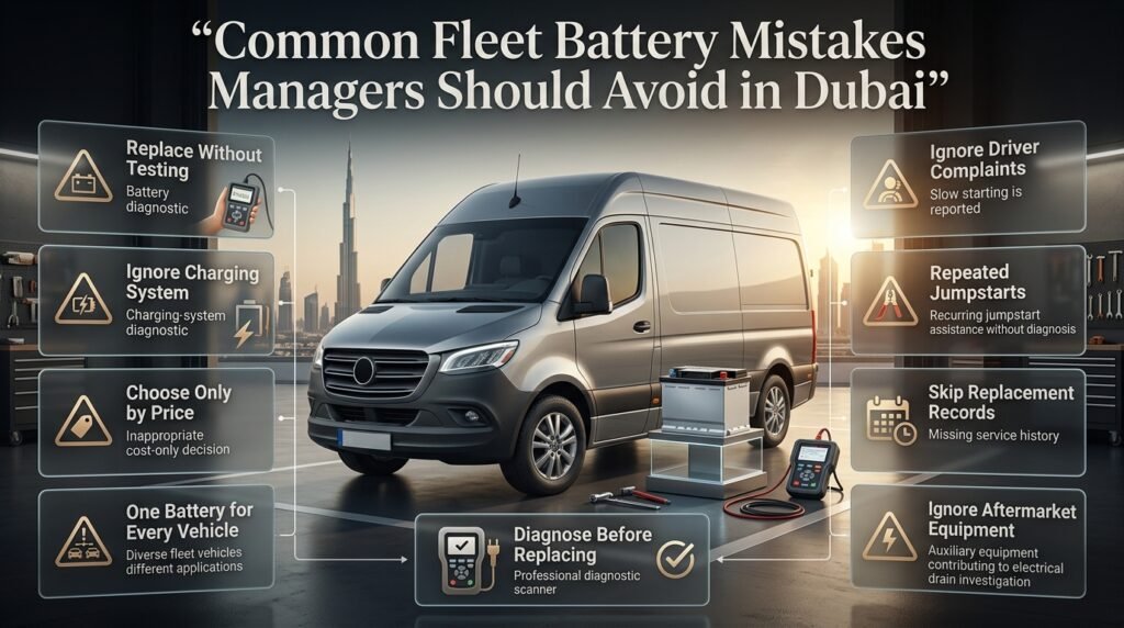 Fleet battery mistakes including skipped testing, charging faults, wrong battery selection, repeated jumpstarts, and missing records.
