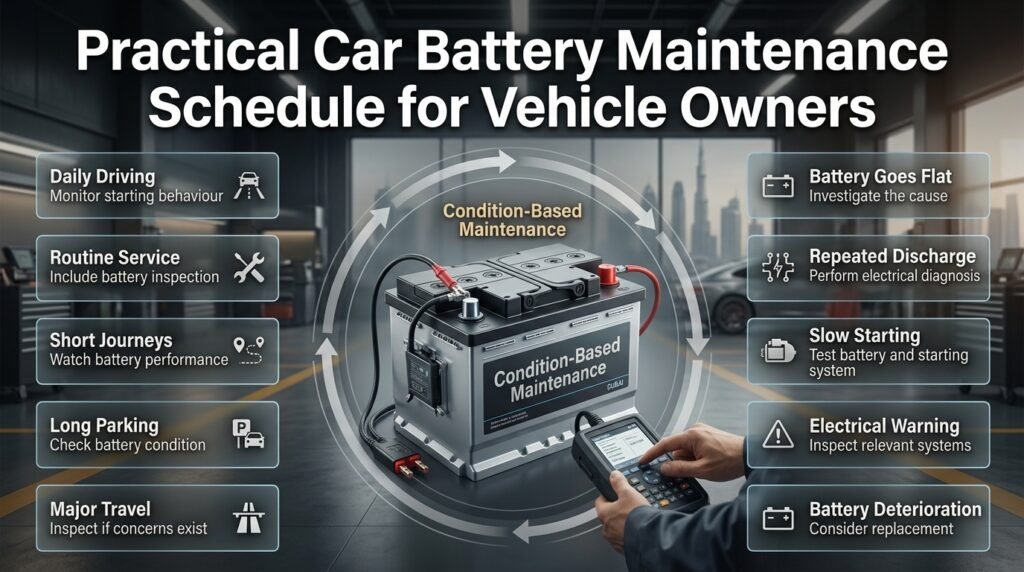 Car battery maintenance schedule showing daily driving, routine inspection, short journeys, parking, testing and replacement