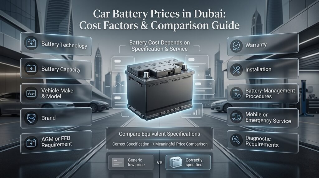 Car battery prices in Dubai infographic showing battery technology, capacity, brand, warranty, installation, and diagnostic cost factors.
