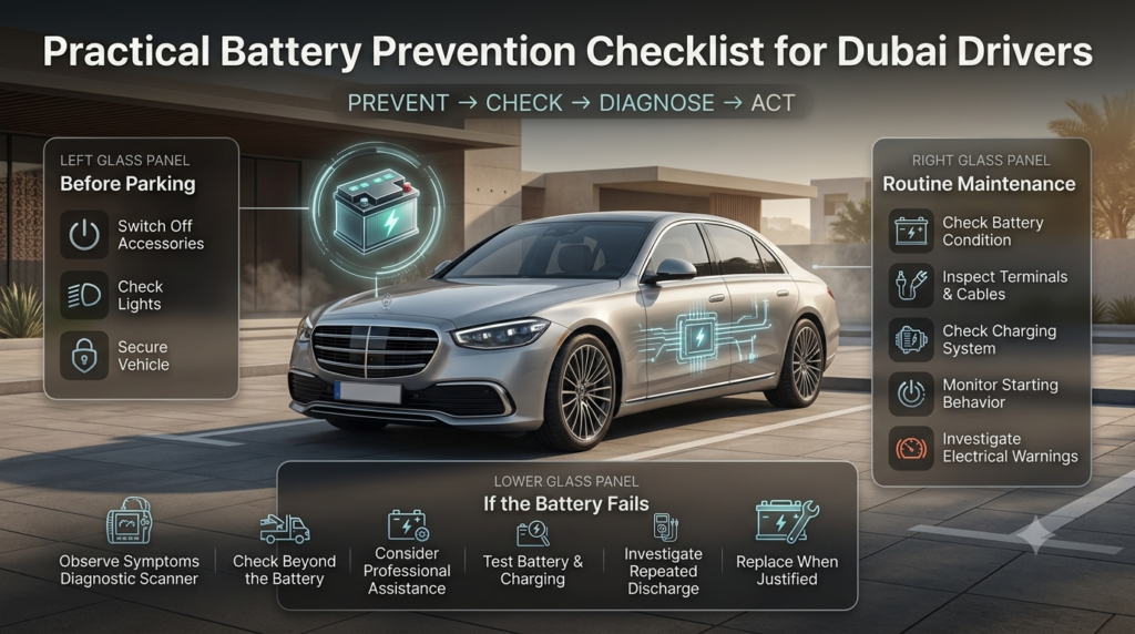 Dubai drivers can prevent battery problems by checking accessories, battery condition, terminals, charging, and starting behavior.